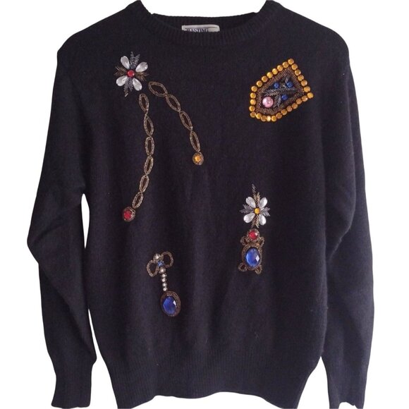 Hasting & Smith Sweaters - Vintage Embellished Wool Sweater M Hasting Smith Black Jeweled Crewneck Pullover